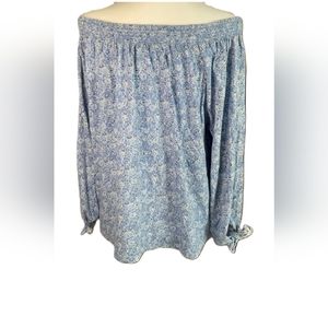Chaps Off the Shoulder Blue & White Paisley Print top, Sz M, NWT